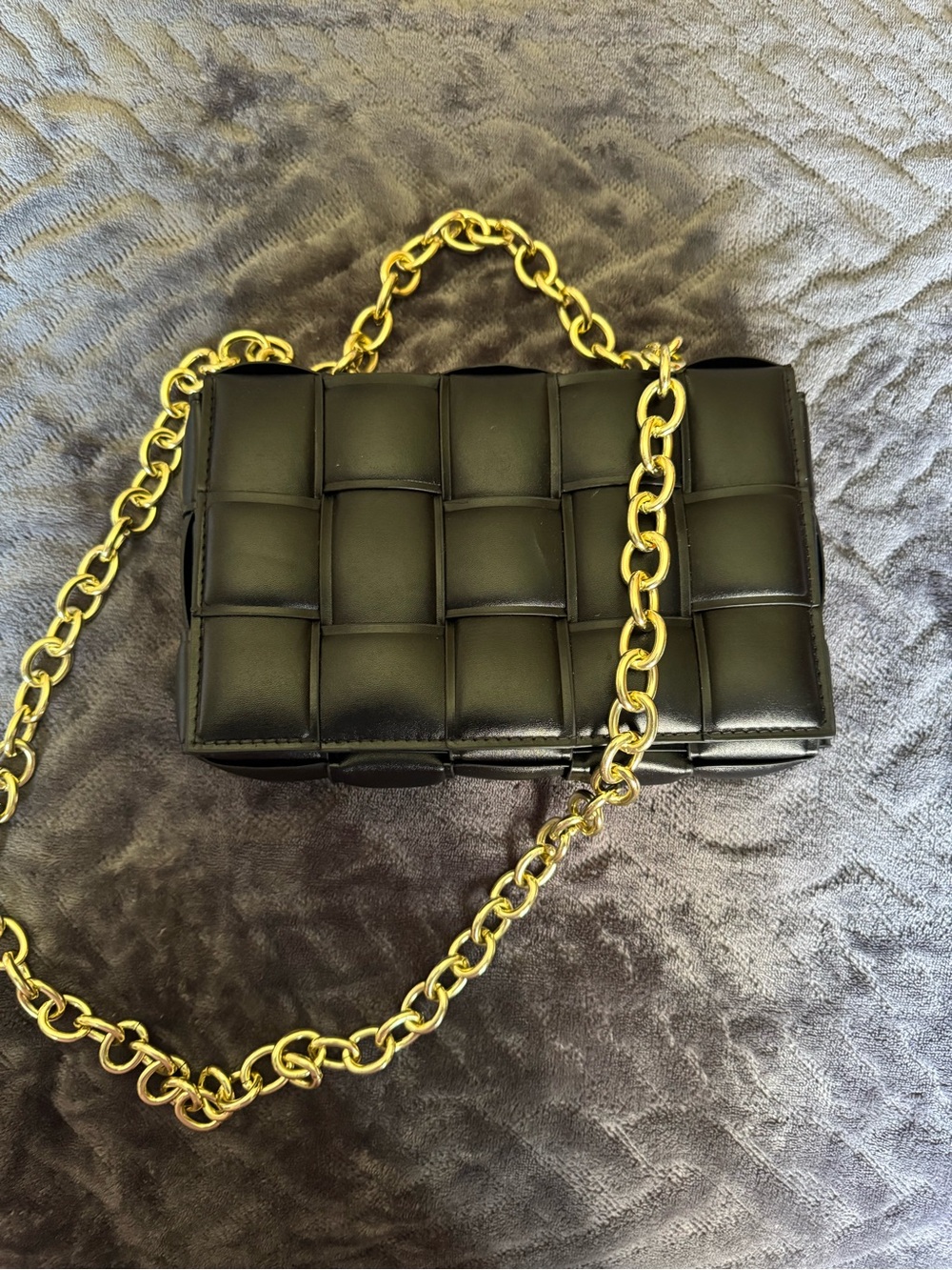 Black Woven Leather Crossbody Bag with Gold Chain